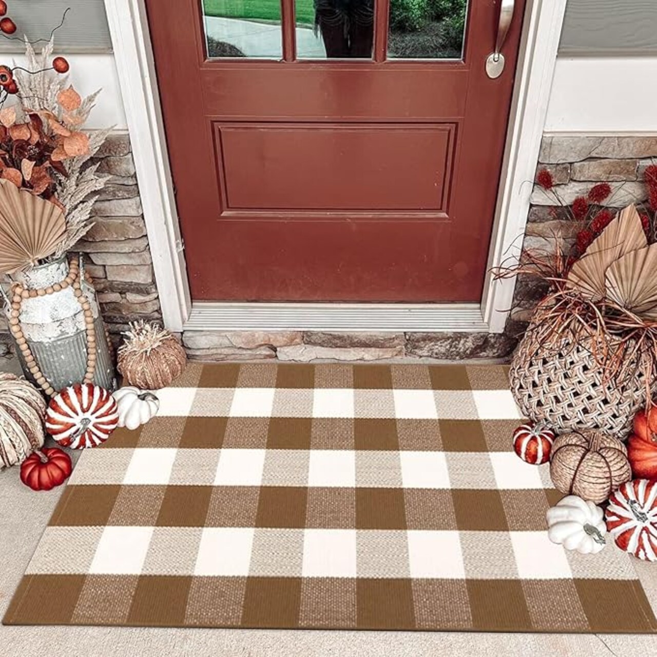 Fall Door Mat Front Door Rug Farmhouse Brown and White Buffalo Check Rug Layered Welcome Door Mat for Front Porch Decor, Front Door, Farmhouse Decor (27.5"x43" in coffee and white)